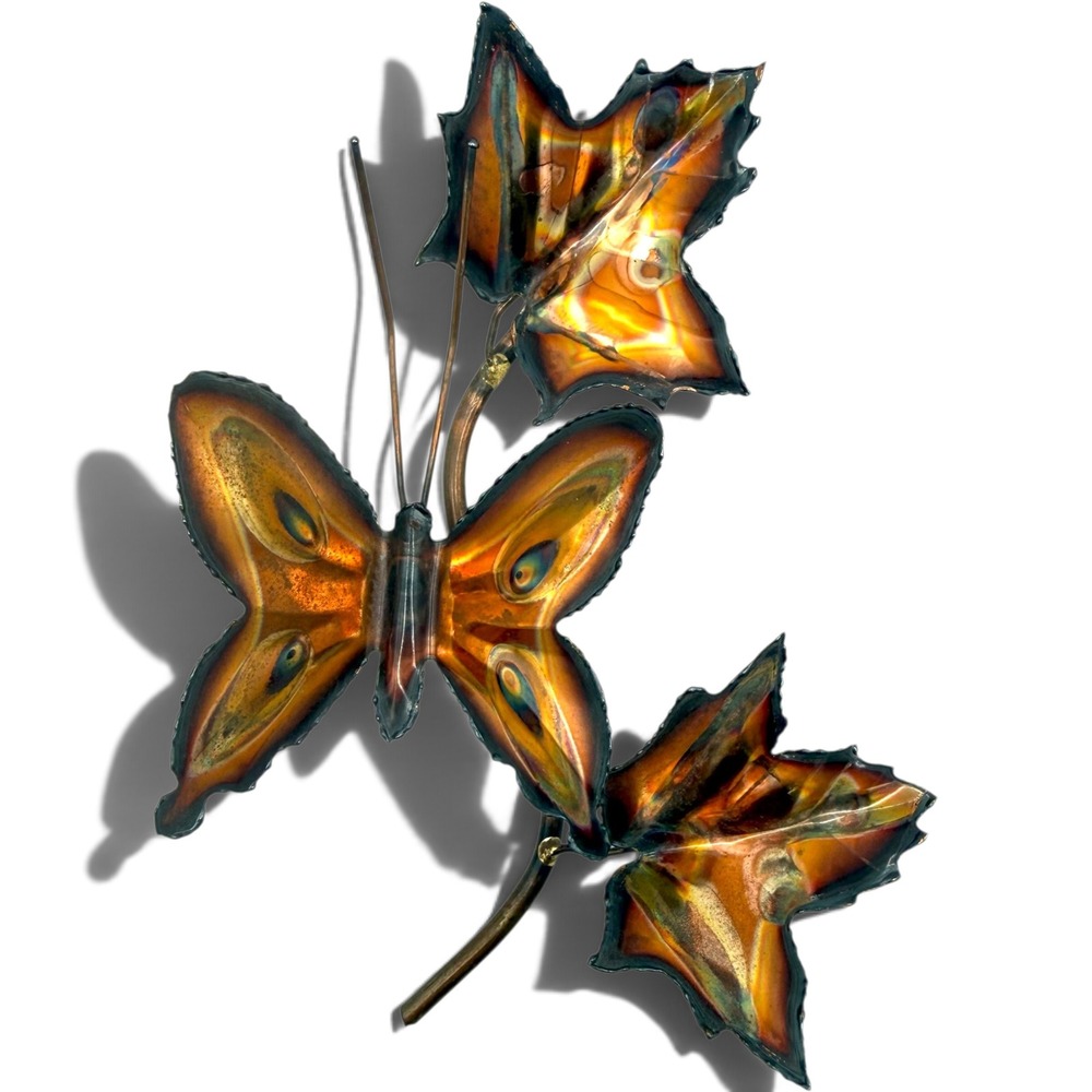 Vintage 1970s Copper Butterfly Maple Leaf Wall Sculpture Brutalist MCM